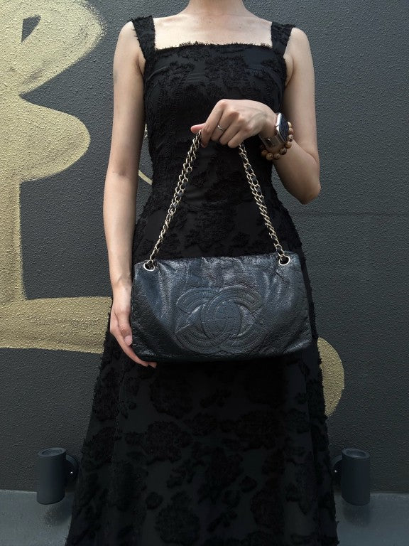 CHANEL Coco Mark Black Patent Waxed Leather Chain Flap Crossbody Bag With Gold Hardware