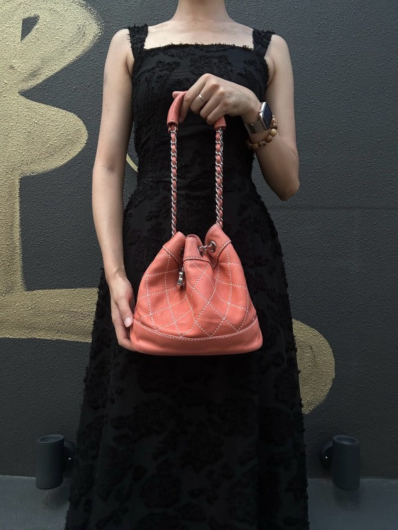 CHANEL Classic Matelasse Wild Stitch Orange Calfskin Leather Quilted Drawstring Bucket Shoulder Bag With Silver Hardware