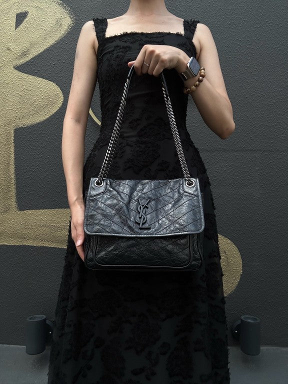 YVES SAINT LAURENT  Niki Black Crinkled Waxed Leather Shoulder Bag