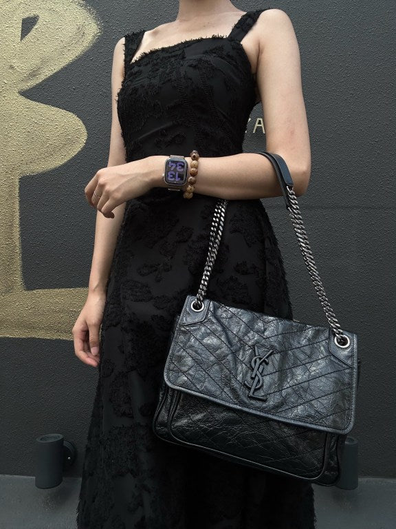 YVES SAINT LAURENT  Niki Black Crinkled Waxed Leather Shoulder Bag