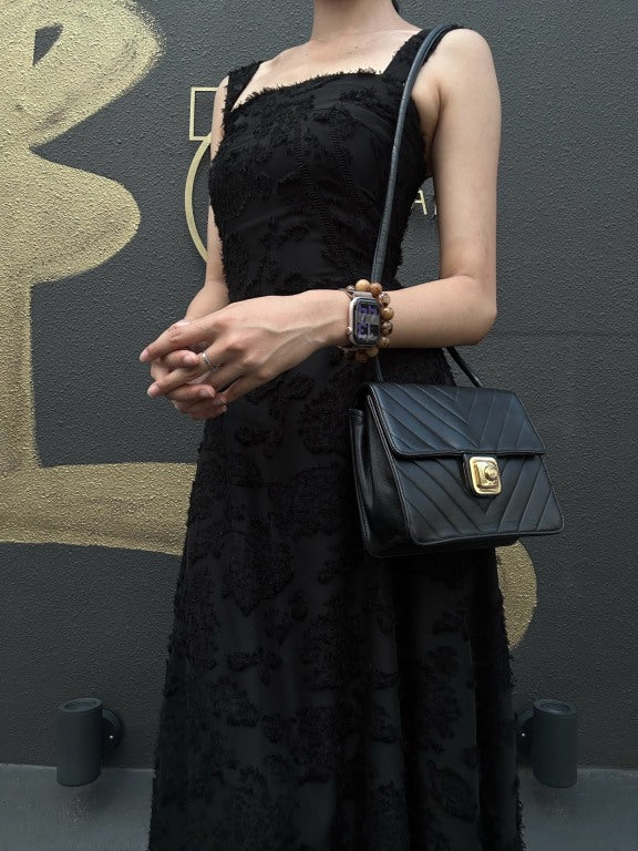 CHANEL Chevron Striped Black Lambskin Leather Flap Crossbody Bag With Gold Hardware