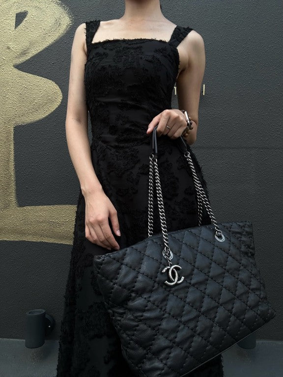 CHANEL Matelasse Calfskin Tote Shoulder Bag In Black With Silver Hardware