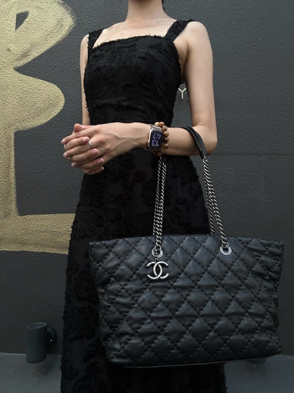 CHANEL Matelasse Calfskin Tote Shoulder Bag In Black With Silver Hardware