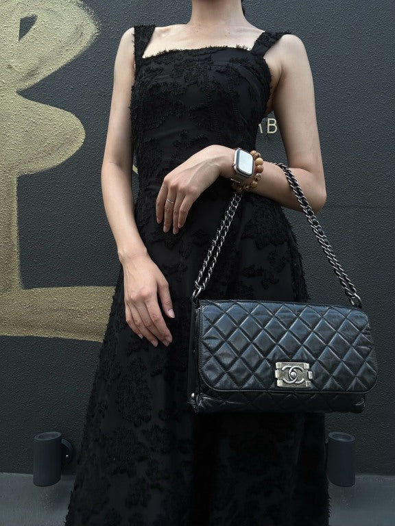 CHANEL Black Calfskin Waxy Quilted Flap Chain Crossbody Bag With Silver Hardware