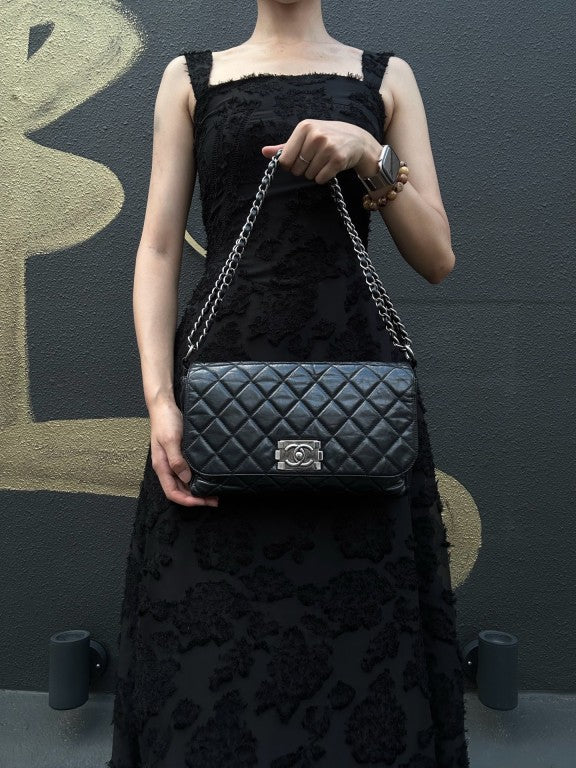 CHANEL Black Calfskin Waxy Quilted Flap Chain Crossbody Bag With Silver Hardware