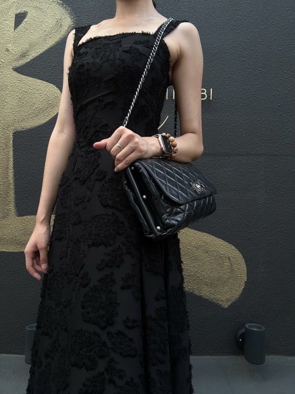 CHANEL Black Calfskin Waxy Quilted Flap Chain Crossbody Bag With Silver Hardware