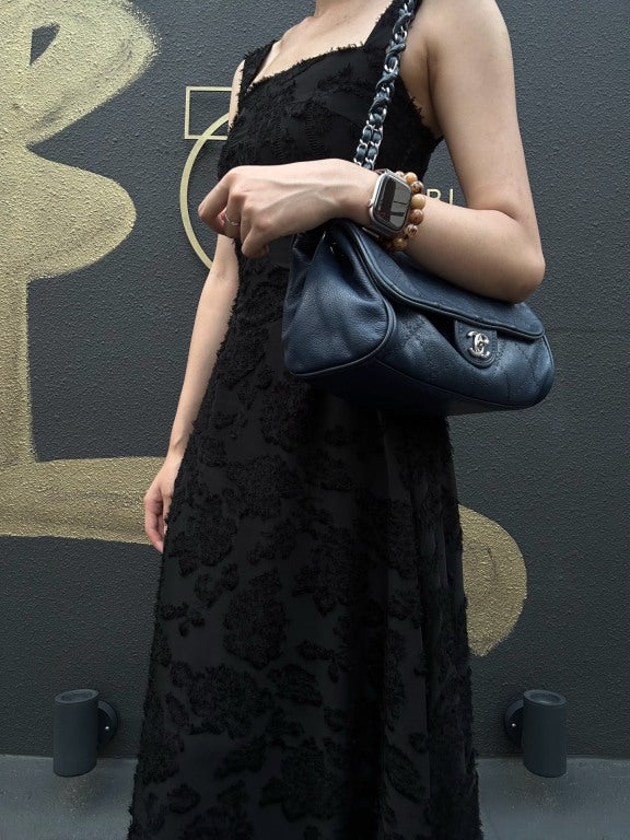 CHANEL Quilted Blue Calfskin Leather Flap Chain Crossbody Bag With Silver Hardware