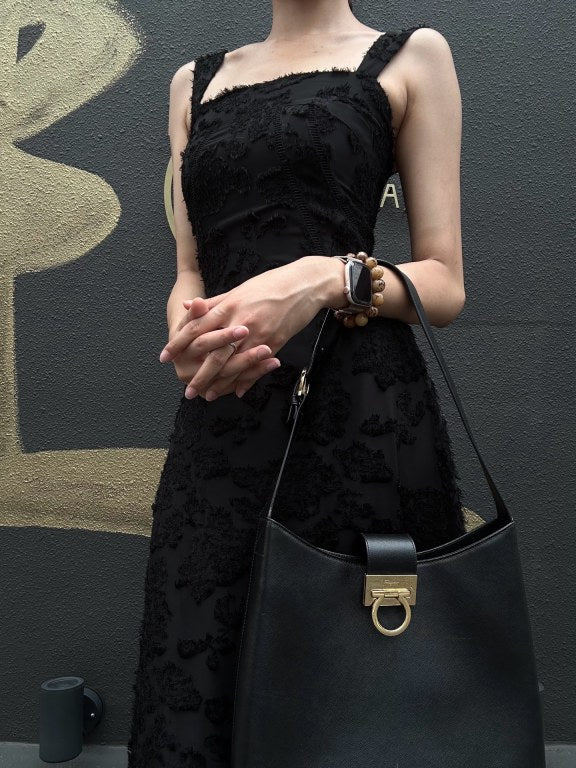 FERRAGAMO Gancini PVC Shoulder Bag Black Gold-Tone Hardware