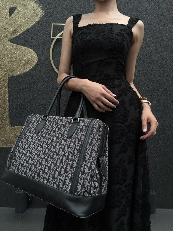 DIOR Vintage Trotter Oblique Navy Monogram Canvas Large Capacity Commuter Tote Briefcase Handbag