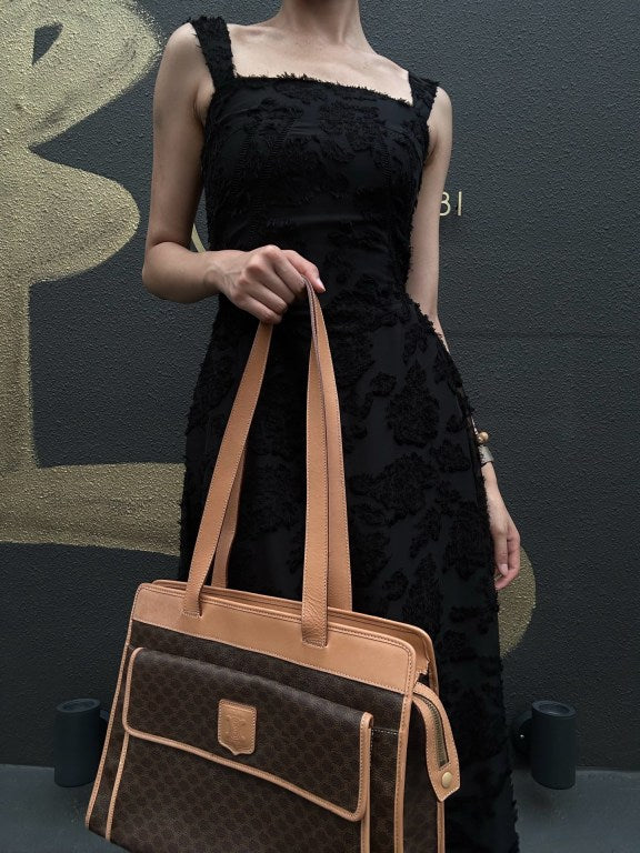 CELINE Macadam PVC Leather Shoulder Tote Bag In Dark Brown