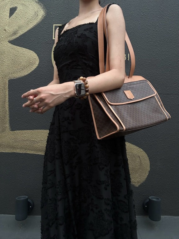 CELINE Macadam PVC Leather Shoulder Tote Bag In Dark Brown