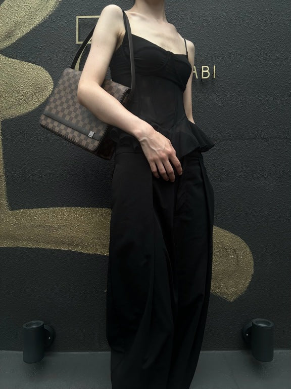 LOUISVUITTON Vintage Damier Ebene Brown Checkerboard Tribeca Mini Flap Shoulder Underarm Bag, With Vachetta Leather Slim Strap, Gold Hardware