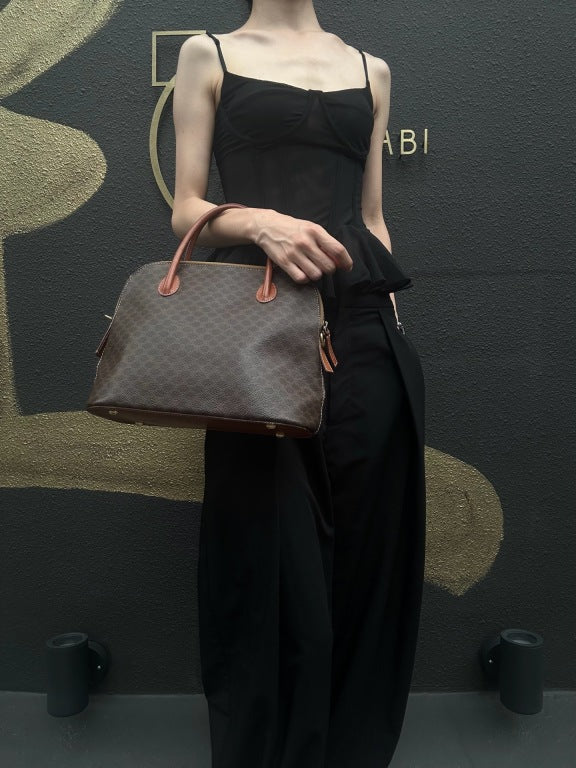 CELINE Macadam Monogram Dome Handbag Brown Canvas Tan Leather Handle Gold Hardware Vintage Classic Casual Work Bag