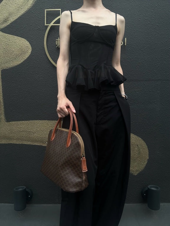 CELINE Macadam Monogram Dome Handbag Brown Canvas Tan Leather Handle Gold Hardware Vintage Classic Casual Work Bag