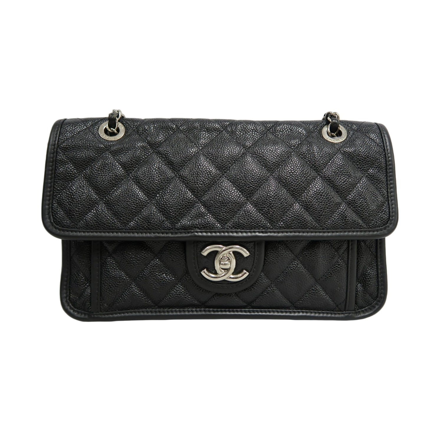 CHANEL Matelasse Quilted Caviar Flap Shoulder Bag Black Silver Hardware