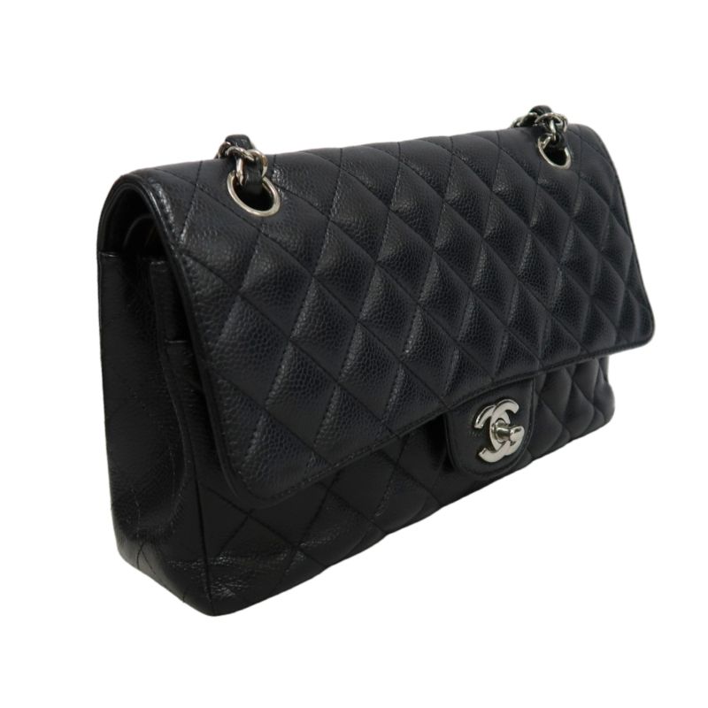 CHANEL Classic Matelasse Black Caviar Leather CF Flap Shoulder Bag With Silver Hardware