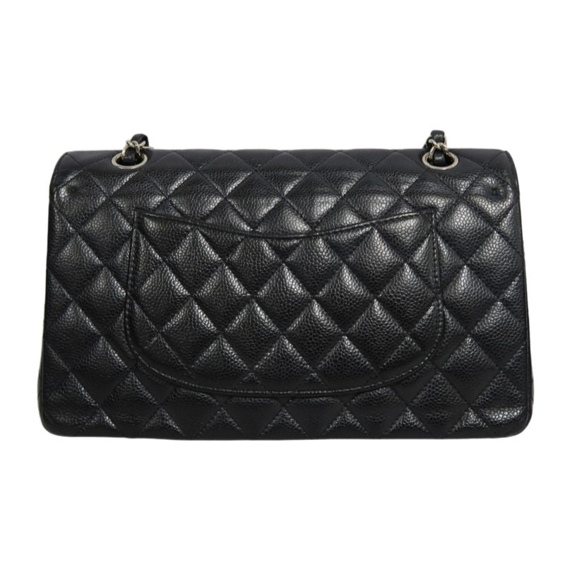 CHANEL Classic Matelasse Black Caviar Leather CF Flap Shoulder Bag With Silver Hardware
