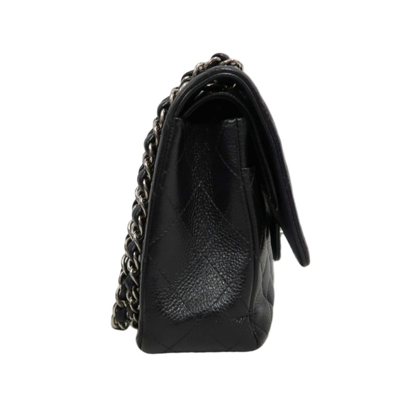 CHANEL Classic Matelasse Black Caviar Leather CF Flap Shoulder Bag With Silver Hardware