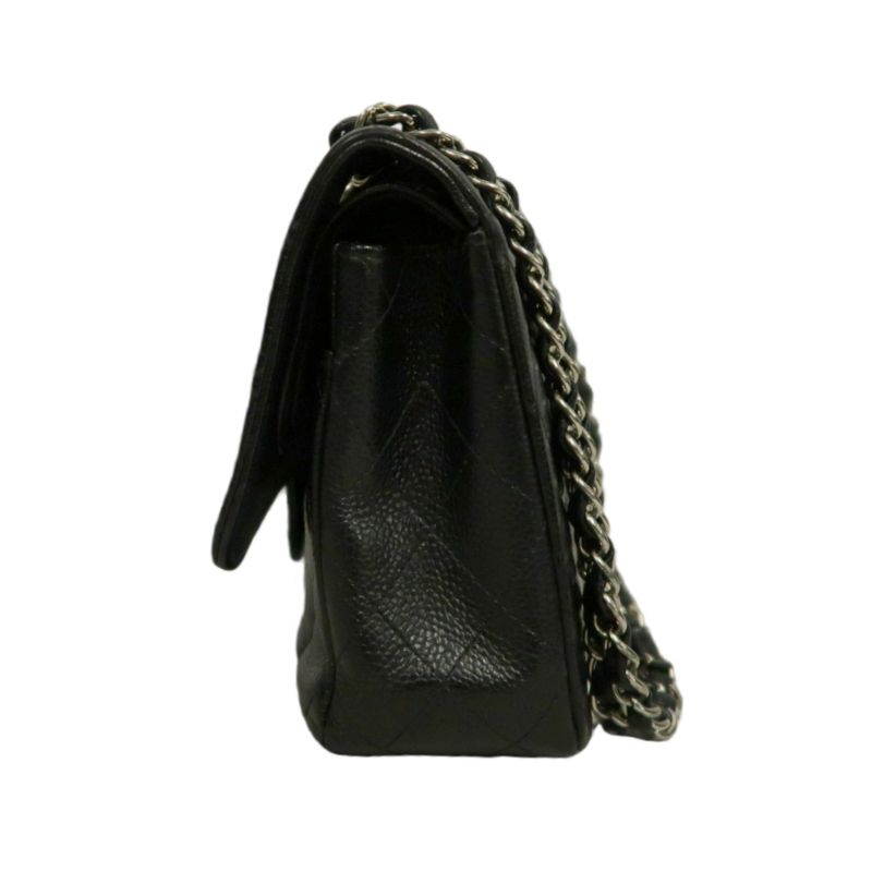 CHANEL Classic Matelasse Black Caviar Leather CF Flap Shoulder Bag With Silver Hardware