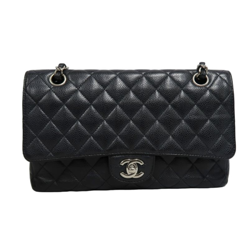 CHANEL Classic Matelasse Black Caviar Leather CF Flap Shoulder Bag With Silver Hardware