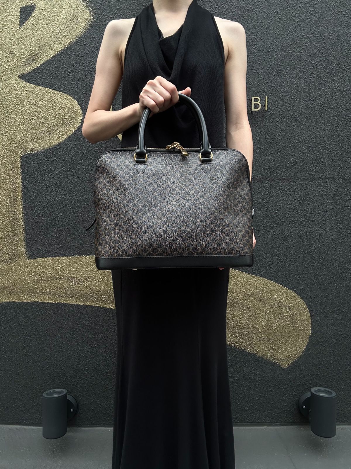 CELINE Macadam Monogram Handbag Brown Canvas Black Leather Trim Gold Hardware Vintage Classic Work Bag
