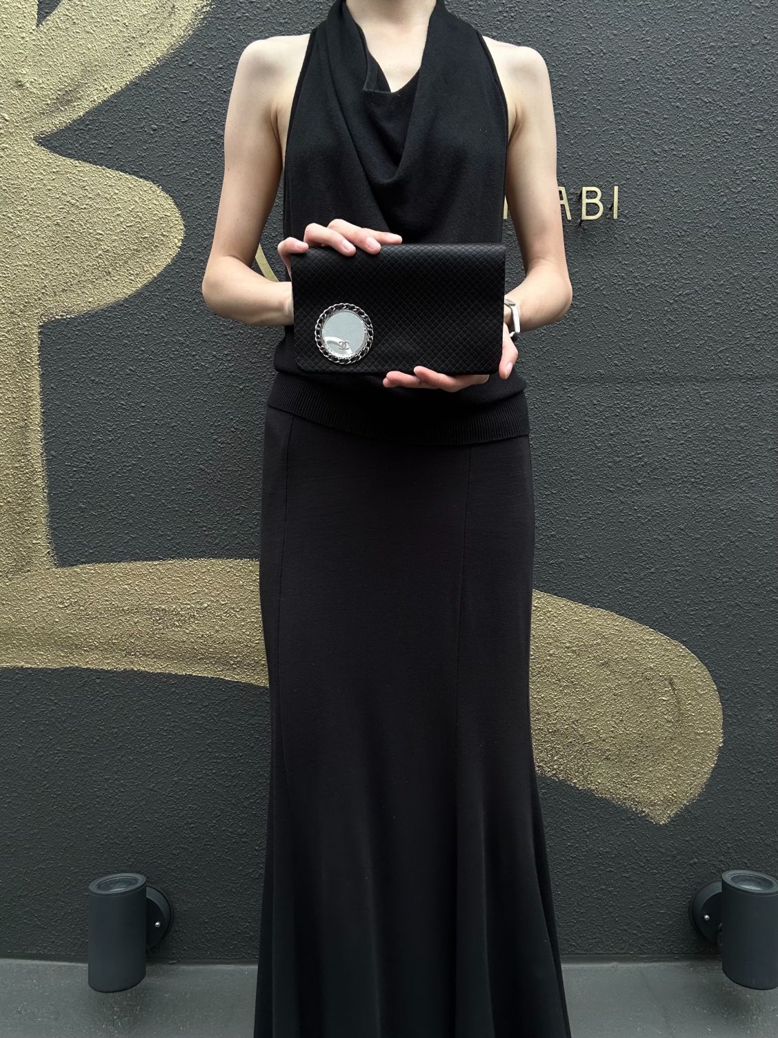 CHANEL Vintage Canvas Chain Pouch Shoulder Bag Black Silver Hardware