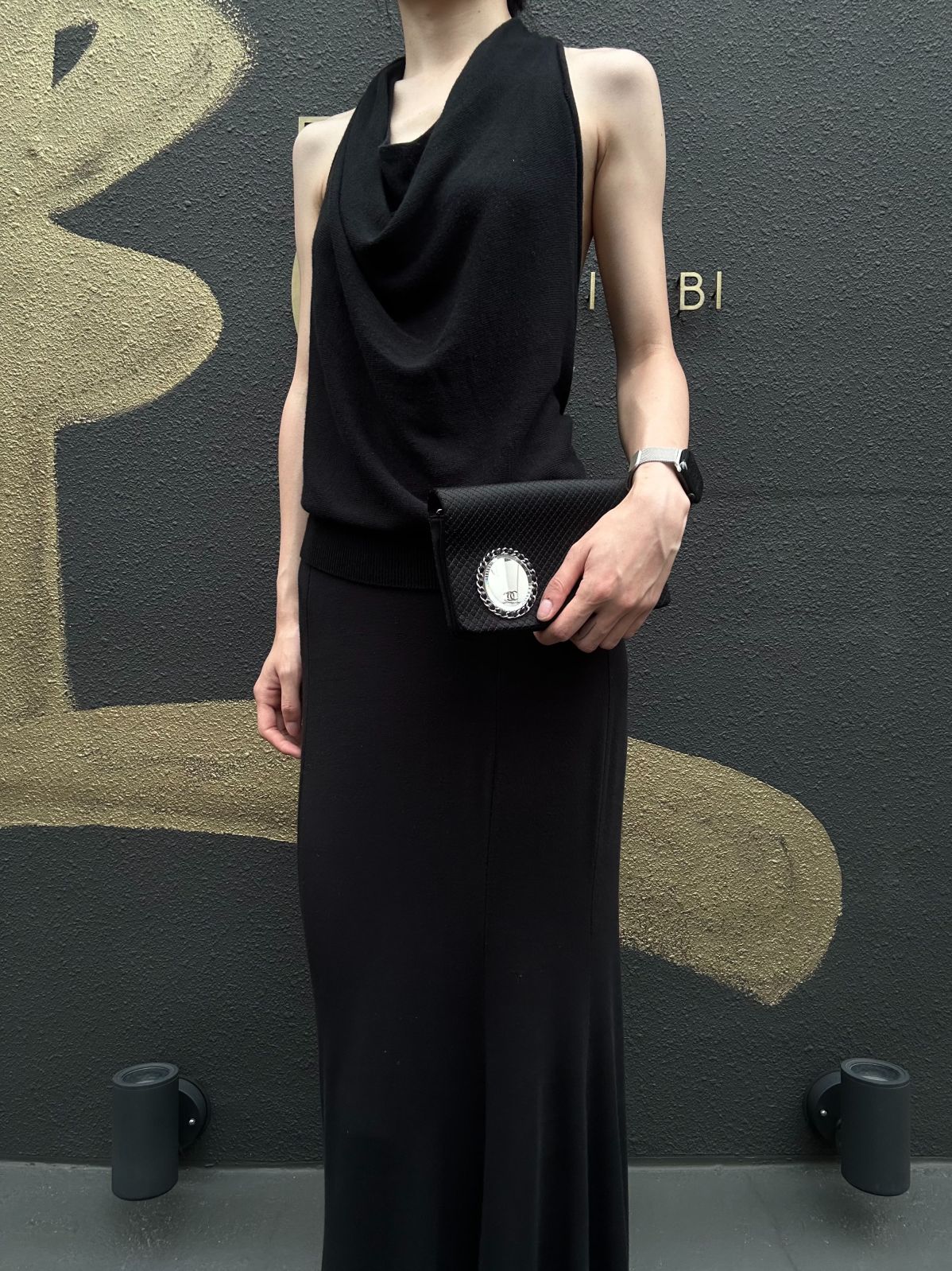 CHANEL Vintage Canvas Chain Pouch Shoulder Bag Black Silver Hardware