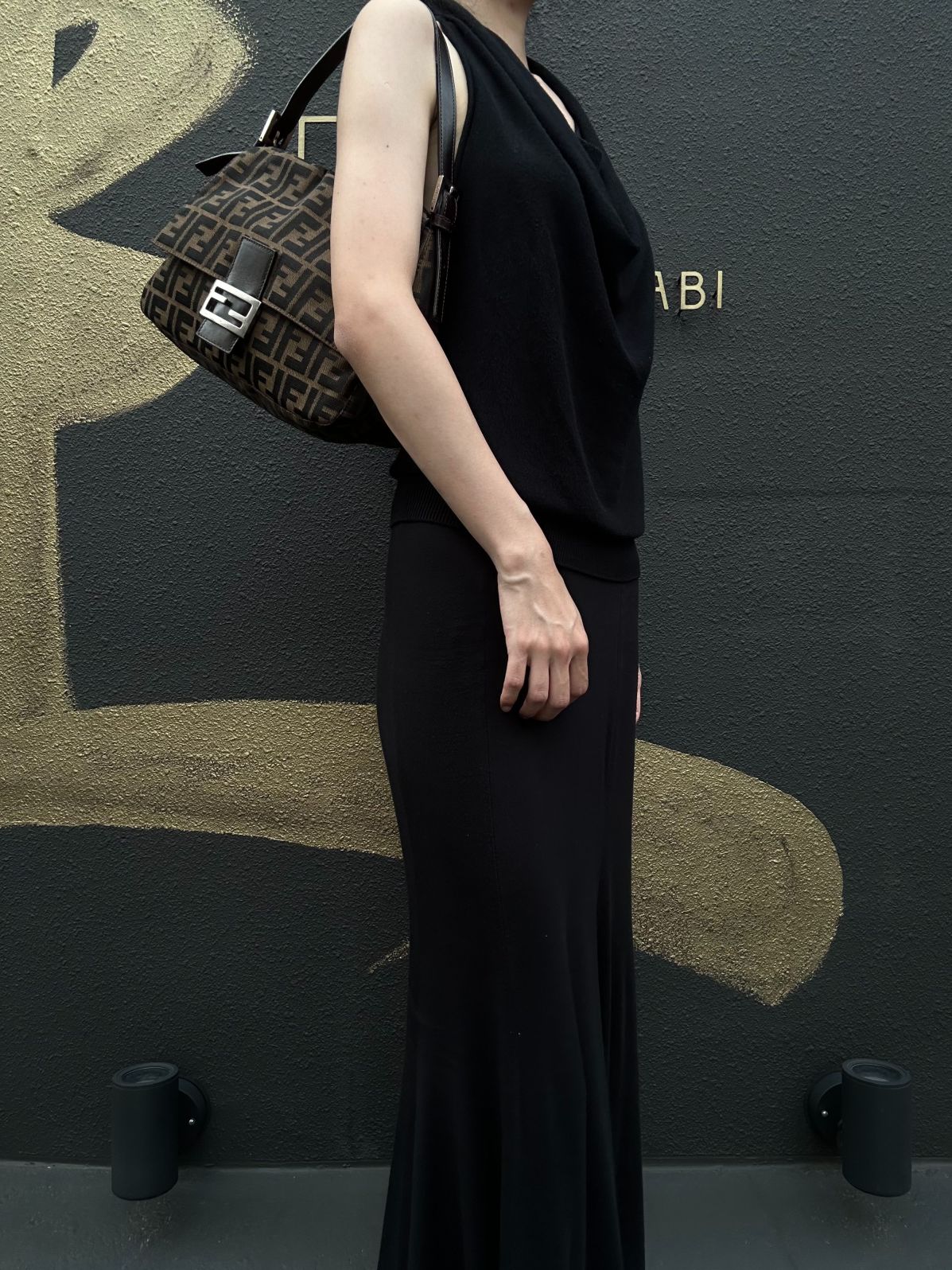 FENDI Large Zucca Baguette Canvas Shoulder Bag Brown Leather Trim Silver Hardware