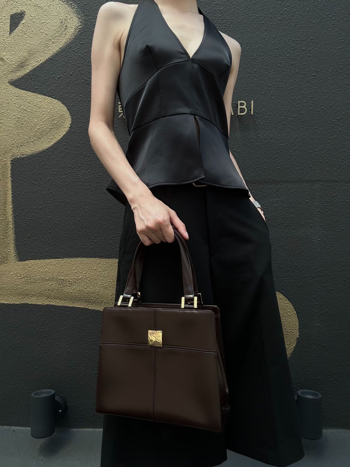 YSL  Vintage Canvas Handbag Dark Brown Gold Hardware