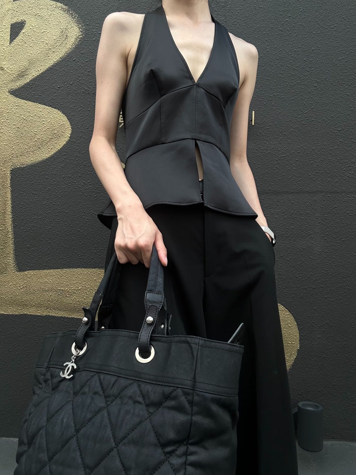 CHANEL Paris Biarritz Tote Bag Canvas Black Silver-Tone Hardware With Dust Bag