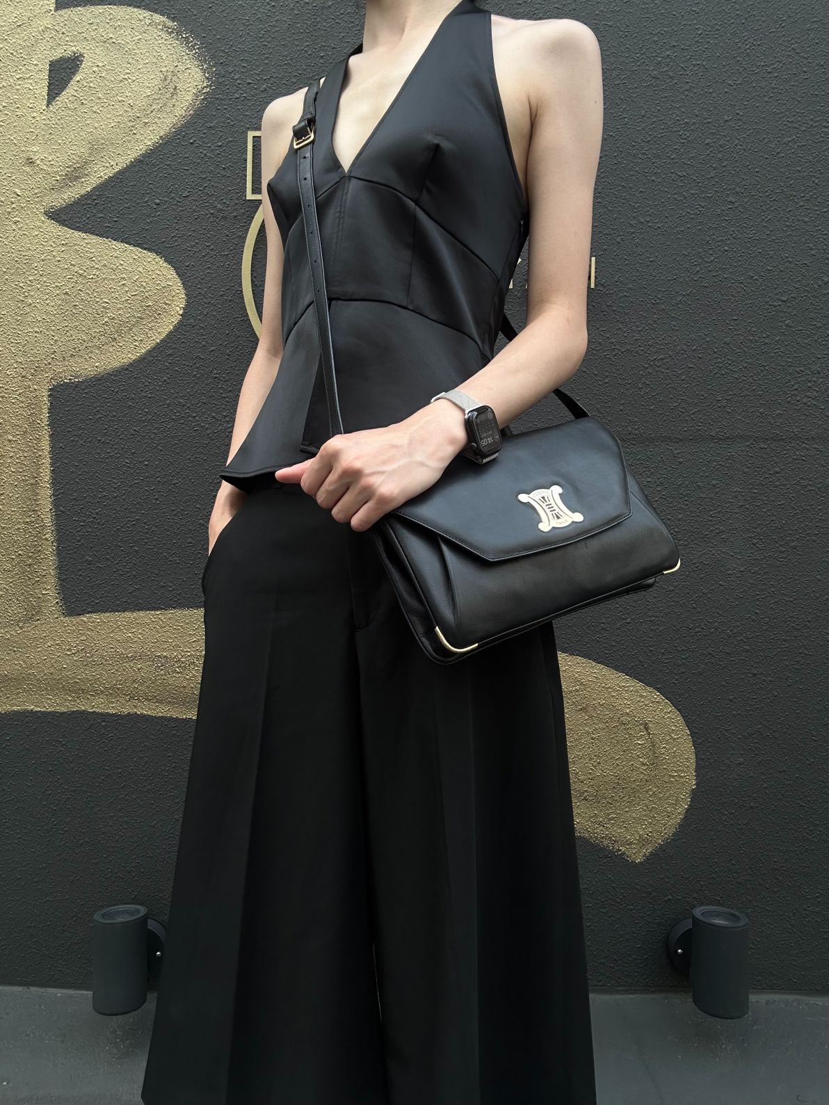 CELINE Triomphe Envelope Shoulder Bag Black Calfskin Gold Hardware Classic Triomphe Logo Plate Vintage Elegant Design