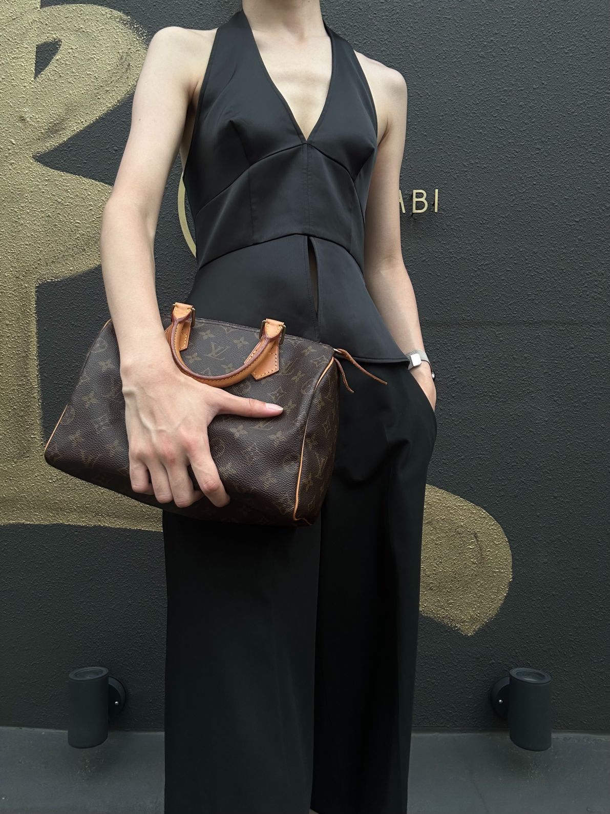 LOUIS VUITTON Monogram Speedy 25 Handbag Canvas Cowhide Brown Gold Hardware