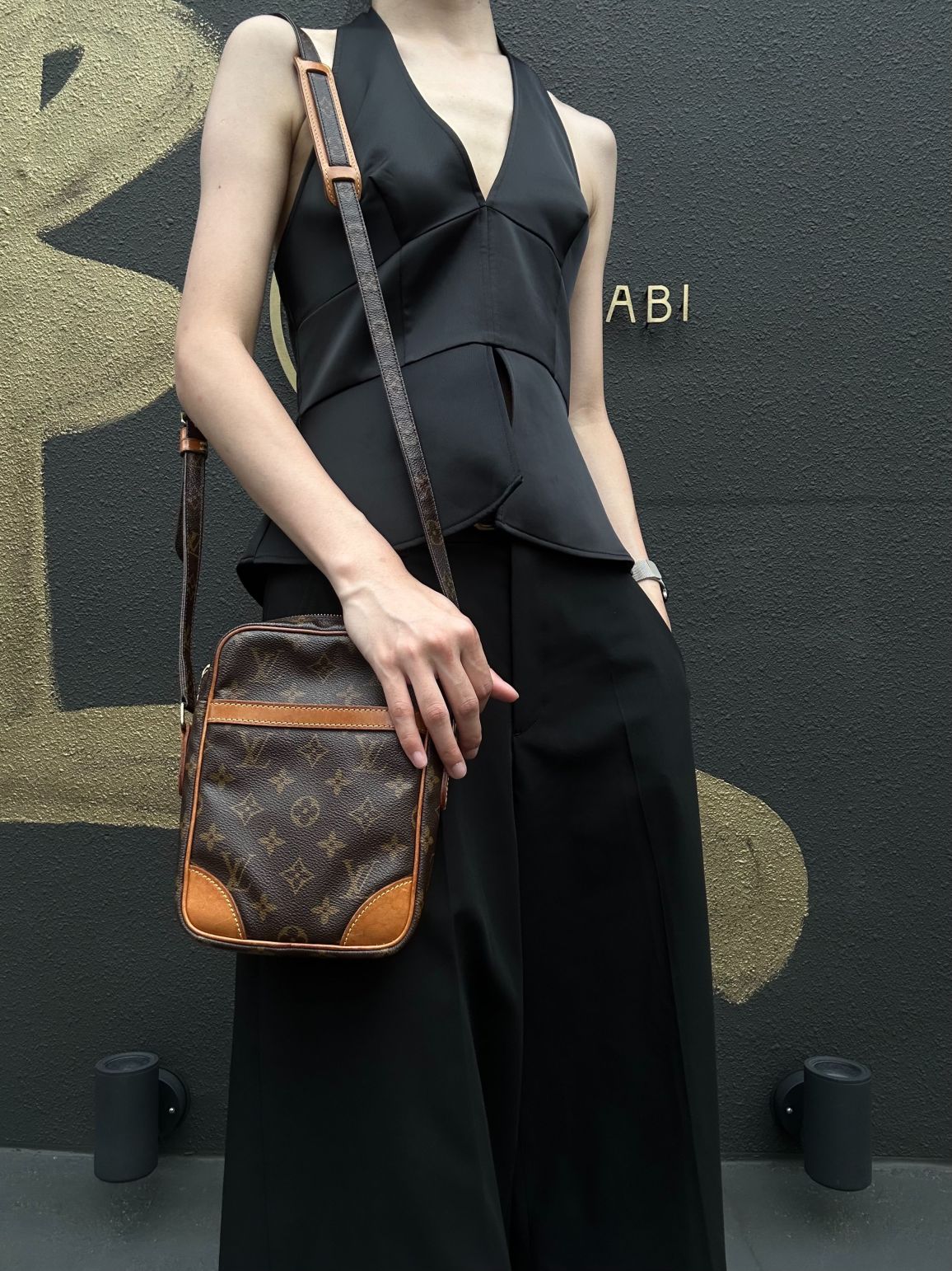LOUIS VUITTON Monogram Danube Square Crossbody Shoulder Bag Brown Classic Canvas Tan Patina Leather Trim Gold Hardware Front Slip Pocket Compact Unisex Iconic Timeless Vintage Bag