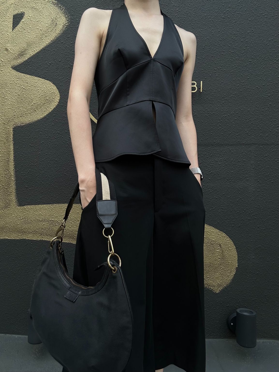 GUCCI Nylon Hobo One Shoulder Bag Black Gold Hardware