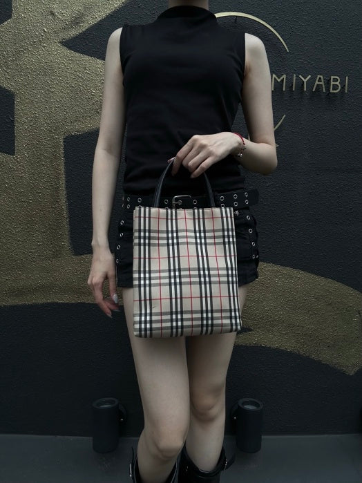 BURBERRY Nova Check Canvas Mini Tote Bag Beige Classic Plaid Pattern Black Leather Handle British Style Casual Daily Use