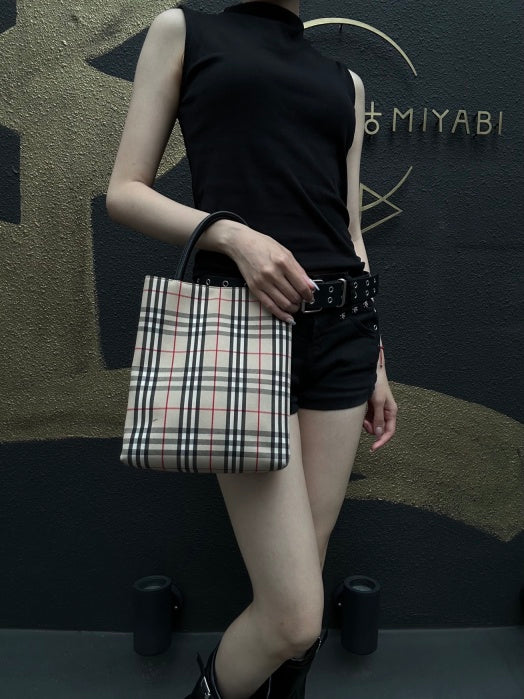 BURBERRY Nova Check Canvas Mini Tote Bag Beige Classic Plaid Pattern Black Leather Handle British Style Casual Daily Use