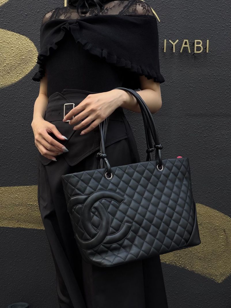CHANEL Cambon Line Matelasse Tote Bag Lambskin Black Silver Hardware