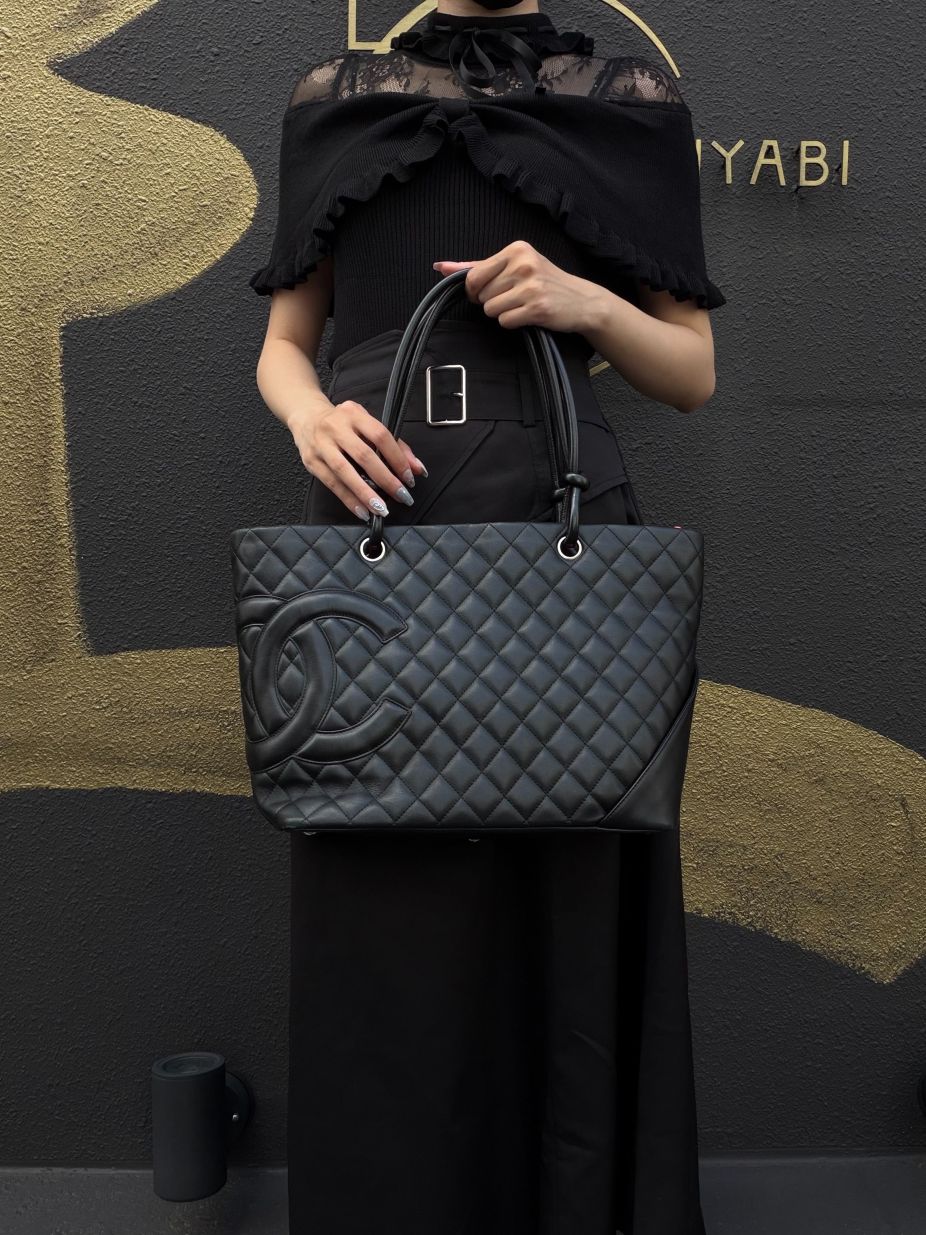 CHANEL Cambon Line Matelasse Tote Bag Lambskin Black Silver Hardware