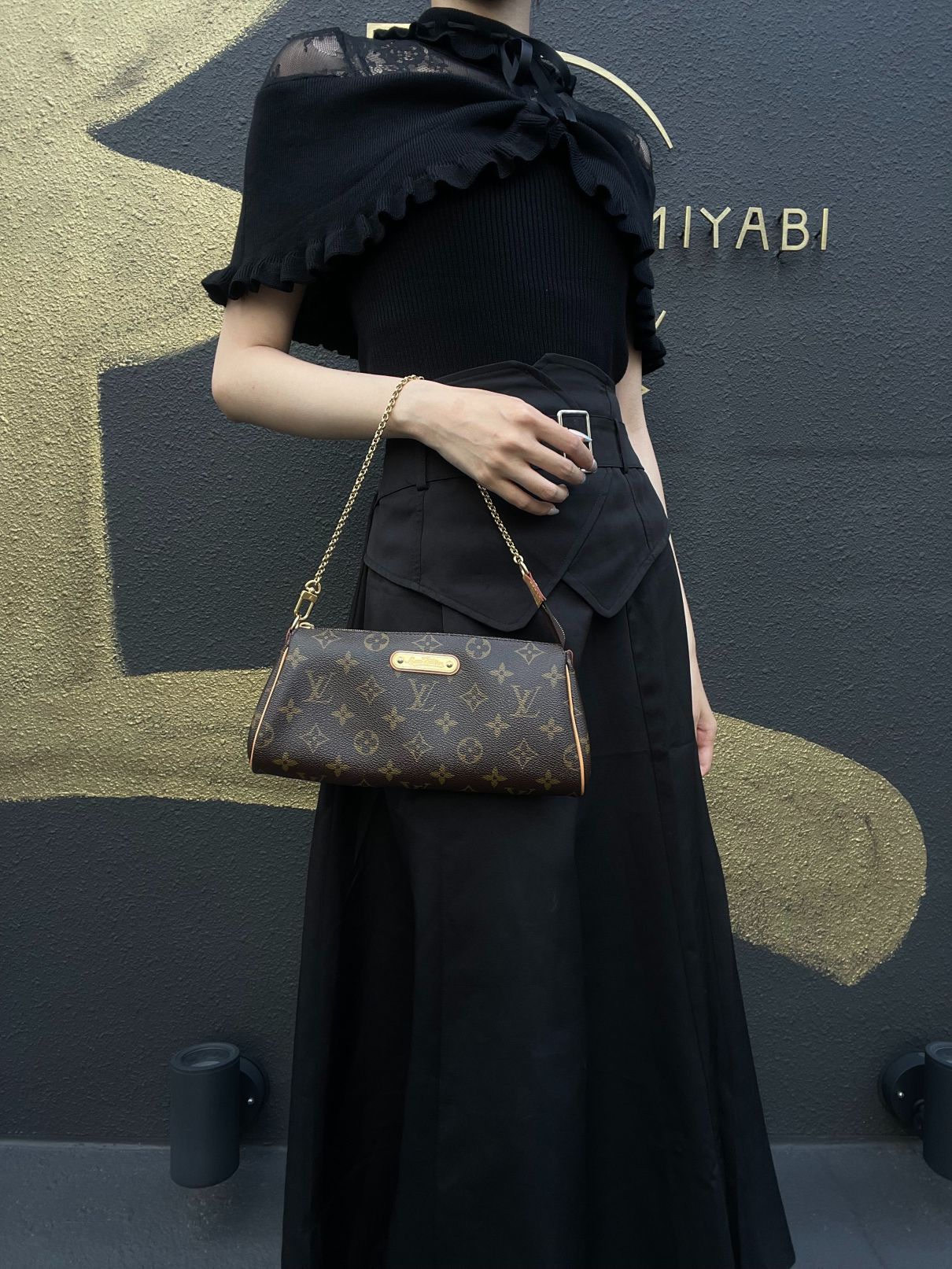 LOUIS VUITTON Eva Monogram Shoulder Bag Brown Canvas Tan Leather Trim Gold Hardware with Original Shoulder Strap Classic Popular