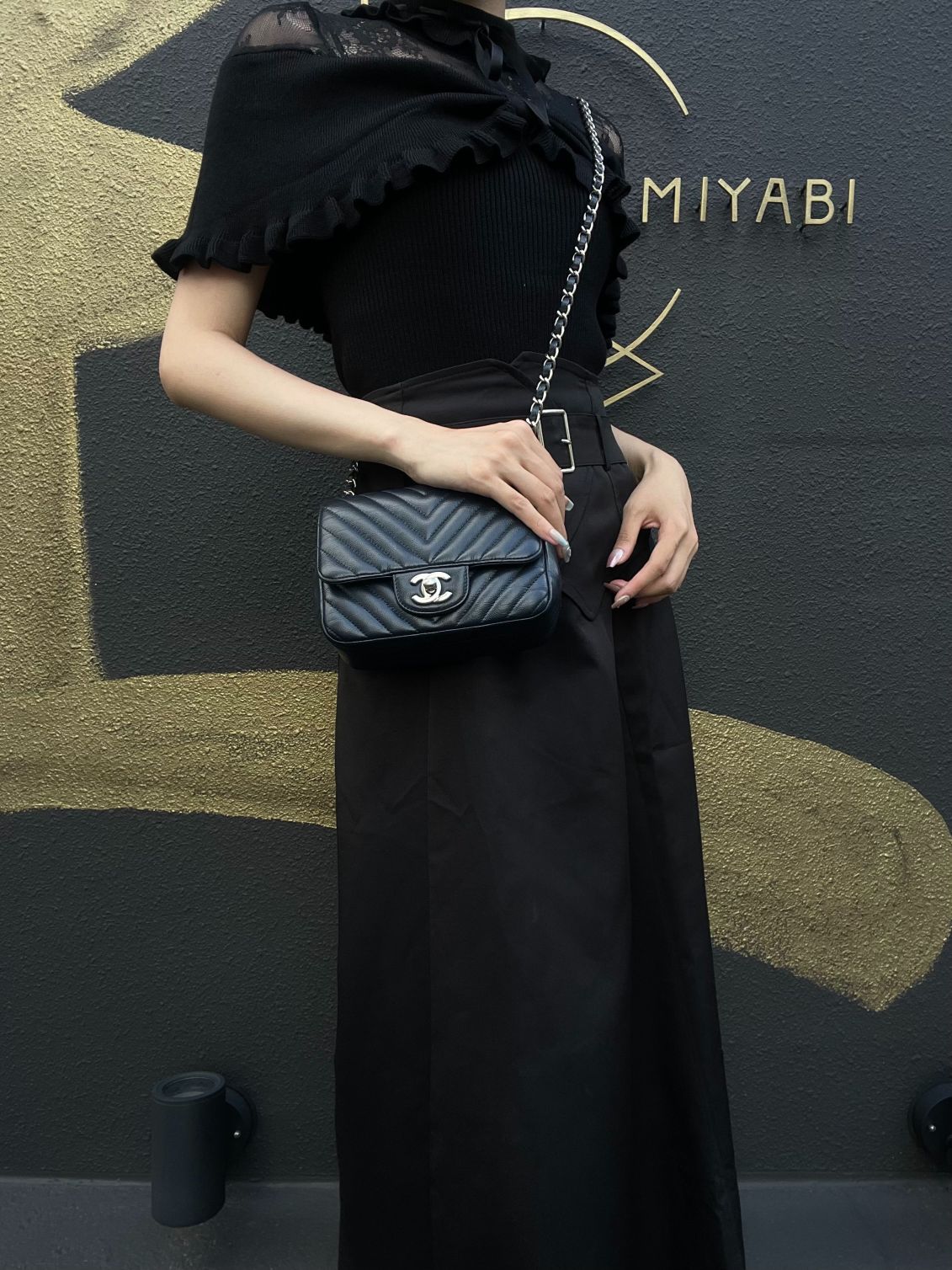 CHANEL Chevron V-Stitch Mini Classic Flap Bag Navy Blue Calfskin Silver Hardware Full Set with Box & Dust Bag No Sticker