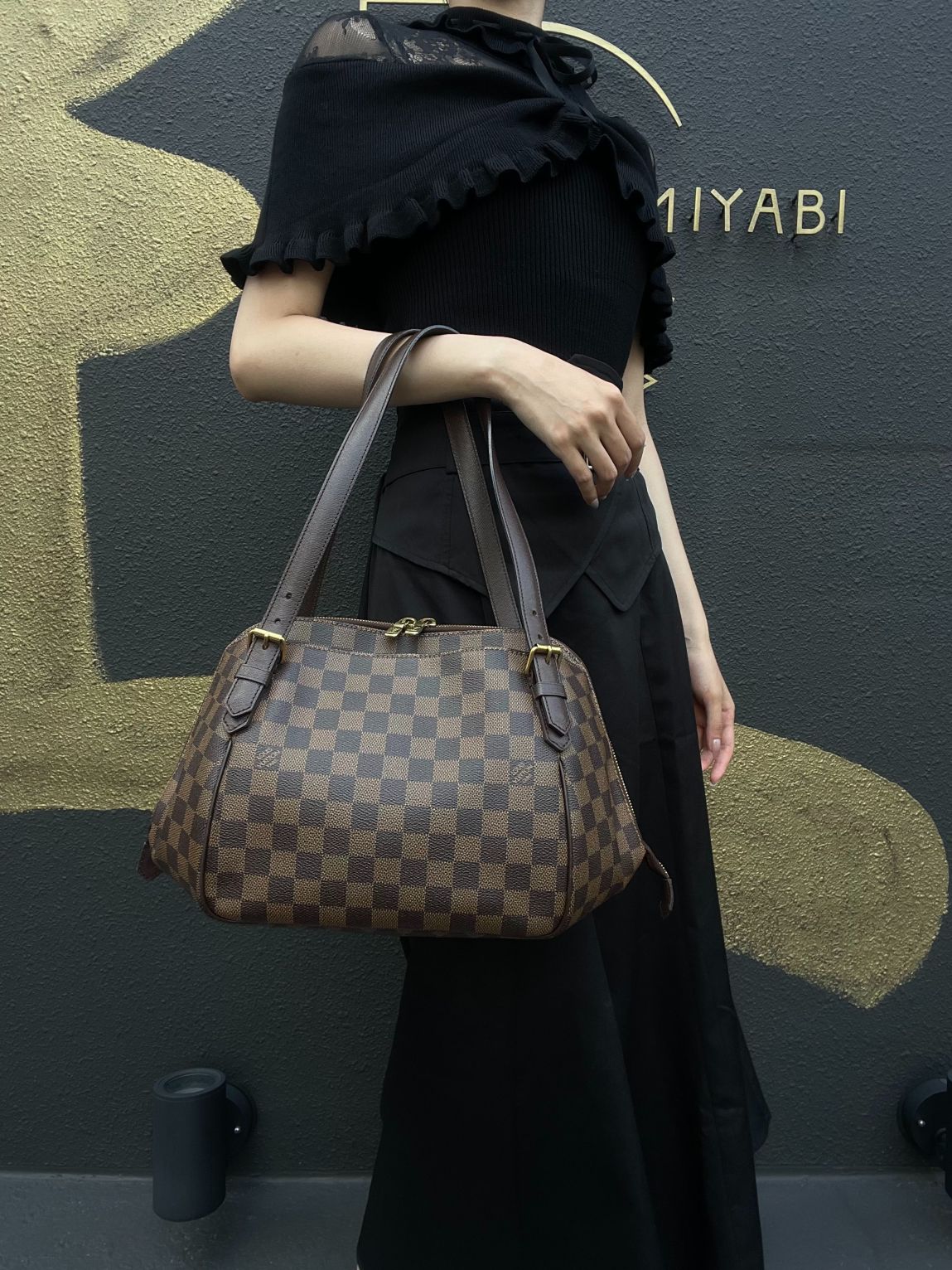 LOUIS VUITTON Damier Ebene Belem Handbag Brown Checkerboard Canvas Leather Shoulder Strap Gold Hardware Spacious Classic Daily Work Bag