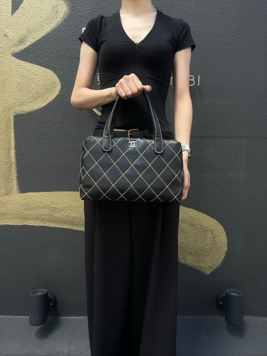 CHANEL Wild Stitch Handbag lambskin Black Gold Hardware