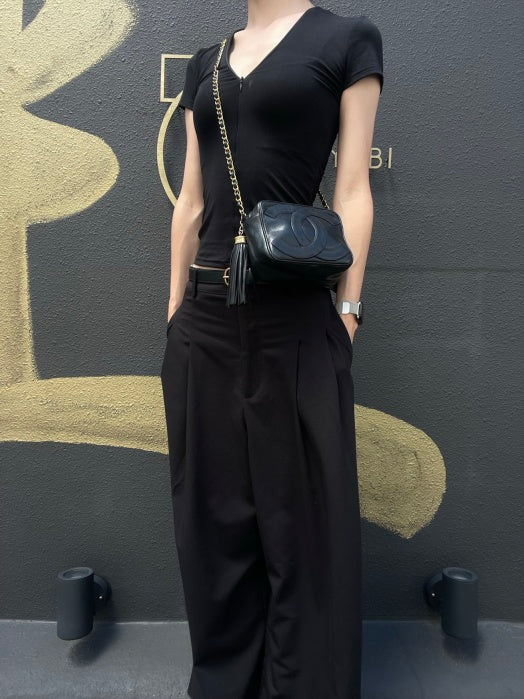 CHANEL Vintage Deca Coco Big CC Logo Fringe lambskin Chain Shoulder Bag Black Gold Hardware
