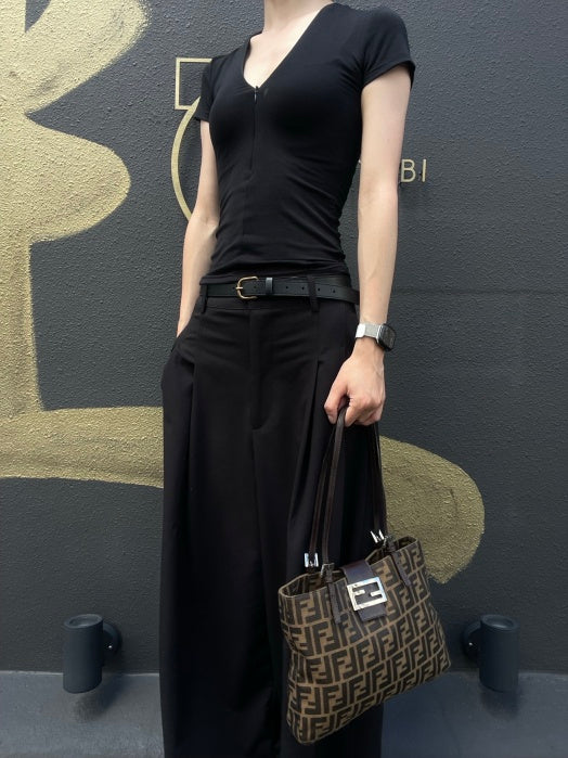FENDI Vintage Zucca Canvas Tote Bag Brown Leather Trim Silver Hardware