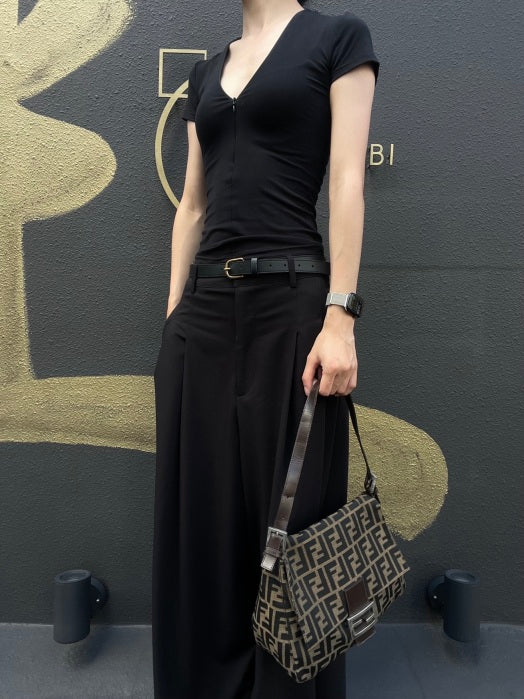 FENDI Zucca Vintage Canvas Shoulder Bag Brown Leather Strap Silver Hardware