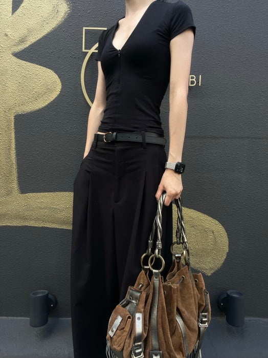 GIVENCHY Vintage Brown Suede Slouchy Drawstring Hobo Handbag Metallic Calfskin Contrast Trim Twisted Braided Handle Long Fringe Drop Hardware Bohemian Soft Design Included Original Matching Small Pouch Rare Iconic Accessory