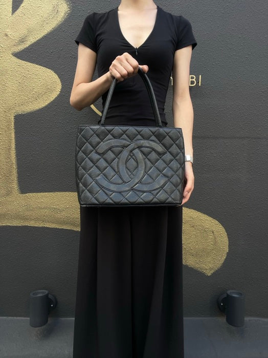CHANEL Medallion Caviar Skin Quilted Tote Bag Black Grained Calfskin Gold Hardware CC Coin Charm Spacious Commute Iconic Timeless Vintage Classic Bag Included Original Guarantee Card