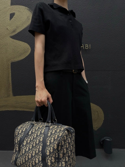 CHRISTIAN DIOR Oblique Trotter Mini Boston Handbag Beige Navy Monogram Canvas Black Leather Trim Spacious Vintage Classic Casual Commute Bag