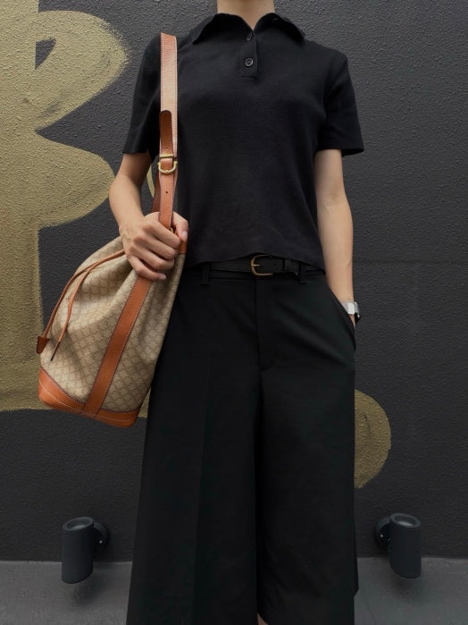 CELINE Vintage Macadam Canvas Drawstring Bucket Shoulder Bag Beige Leather Trim Gold Hardware