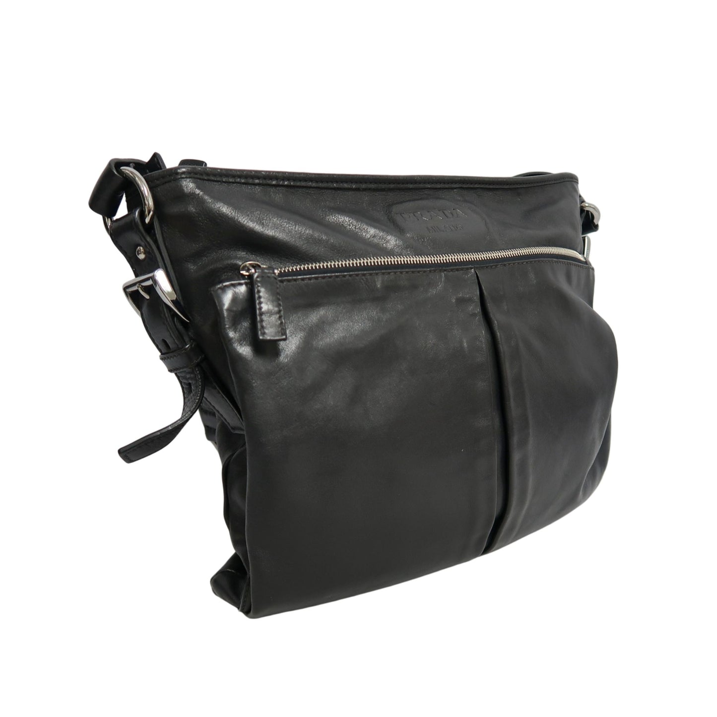 PRADA Black Cowhide Leather Shoulder Crossbody Bag With Silver Hardware